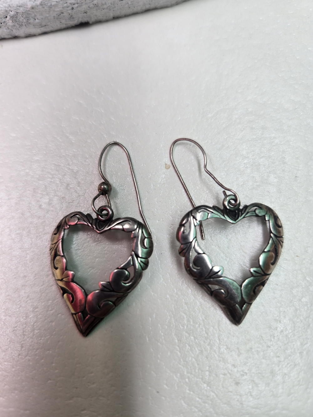 Sterling Silver Heart Filigree Drop Earrings - Silver